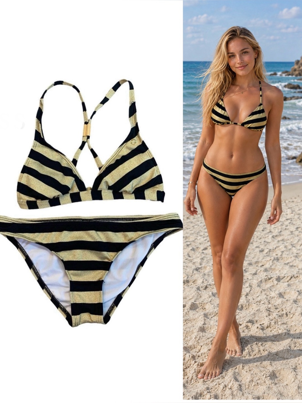 Guess gold glitter and black striped bikini Sz S